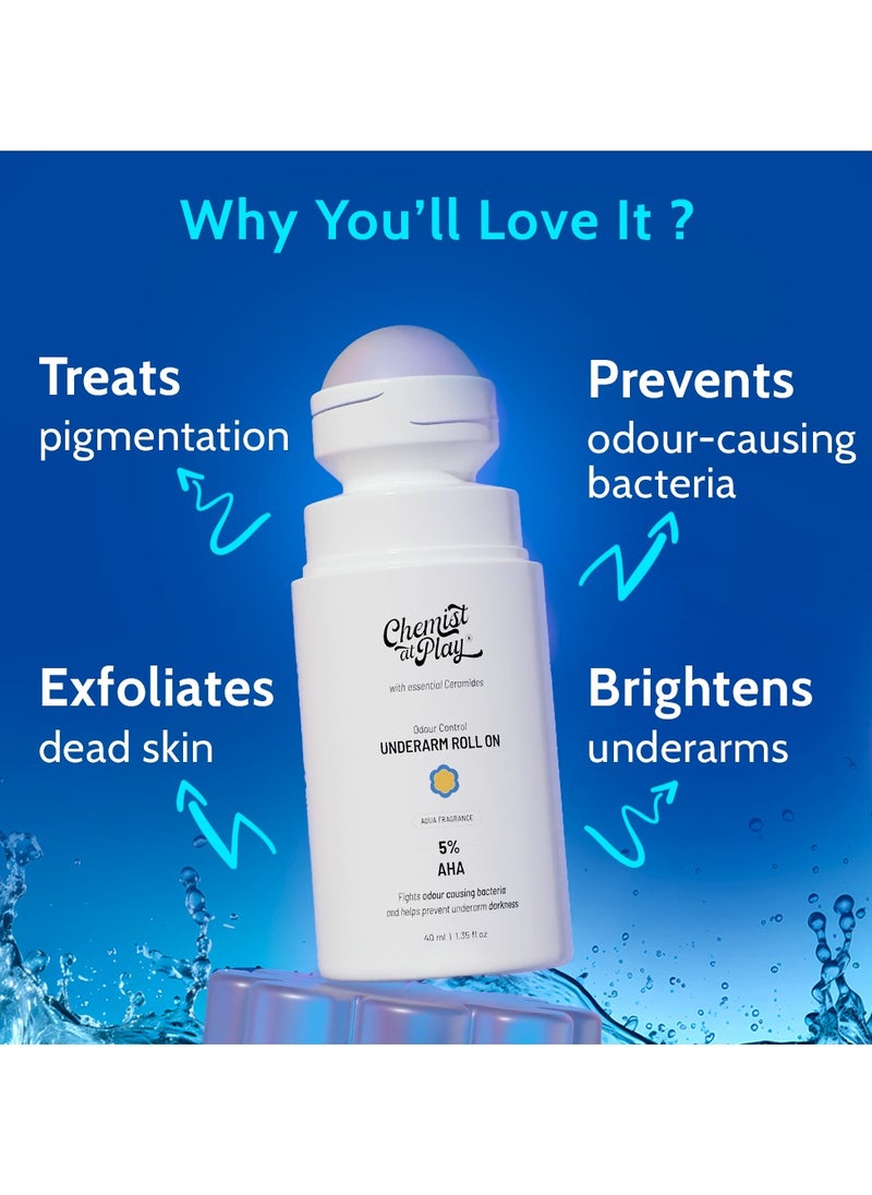 Chemist at Play - Chemist at Play UnderArm Roll On with Lactic and Mandelic Acid, Removes odour, Whitens and Brightens Skin, Kills Bacteria, Exfoliates Underarm, Long lasting Aqua Fragrance, For Women and Men, 40ml - Image 1