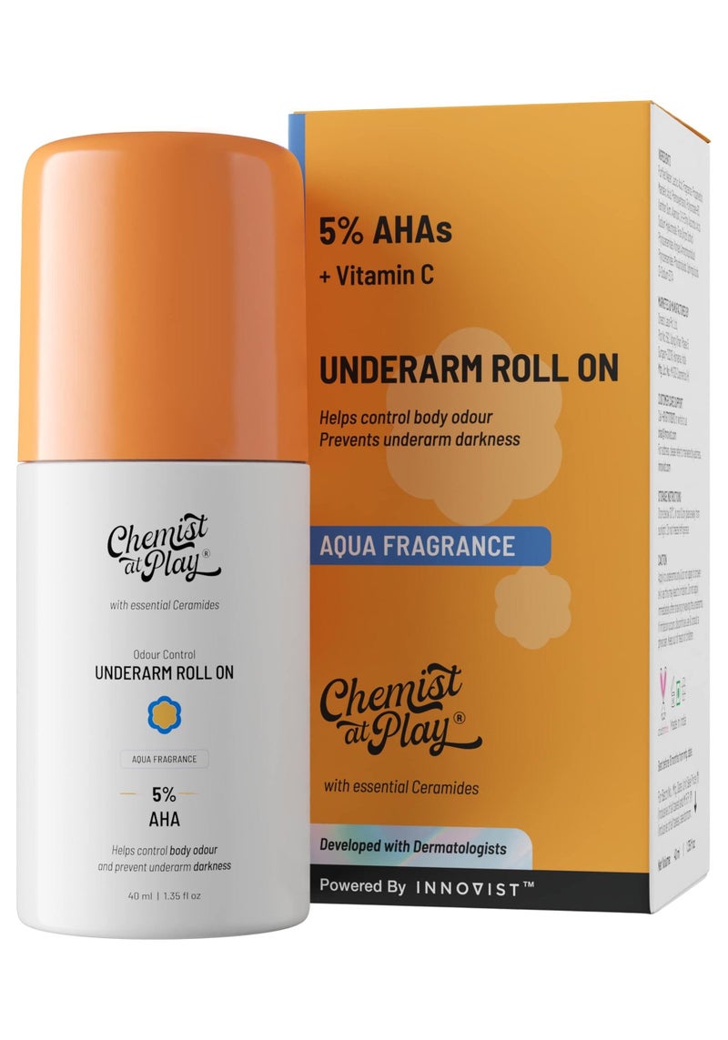 Chemist at Play UnderArm Roll On with Lactic and Mandelic Acid, Removes odour, Long lasting Aqua Fragrance, For Women and Men, 40ml - Image 1