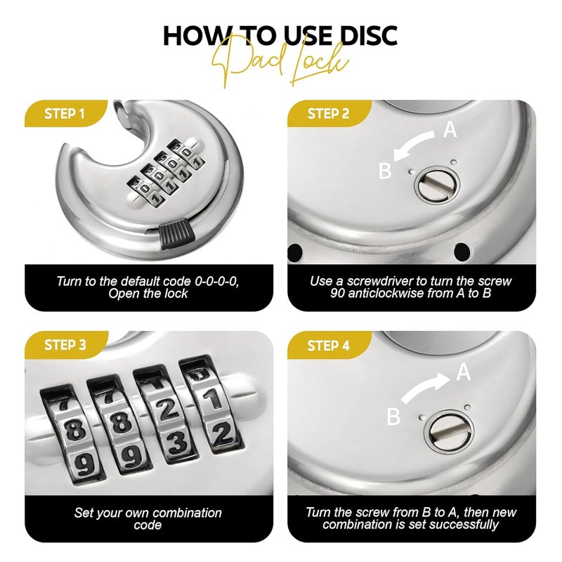 MIORAH Combination Disc Padlock | Heavy Duty Keyless Number Lock with 4-Digit Code Stainless Steel Shackle | Anti-Cut Security Lock for Gate, Garage, Locker, Outdoor Use (Chrome) - Image 5