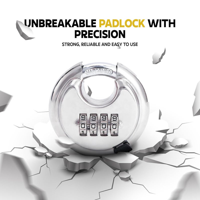 MIORAH Combination Disc Padlock | Heavy Duty Keyless Number Lock with 4-Digit Code Stainless Steel Shackle | Anti-Cut Security Lock for Gate, Garage, Locker, Outdoor Use (Chrome) - Image 3