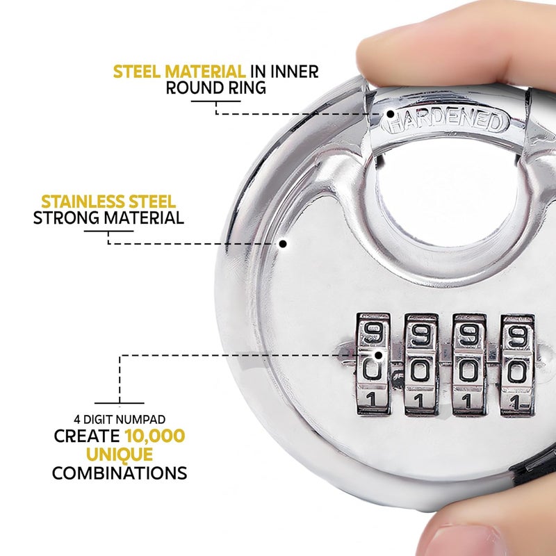 MIORAH Combination Disc Padlock | Heavy Duty Keyless Number Lock with 4-Digit Code Stainless Steel Shackle | Anti-Cut Security Lock for Gate, Garage, Locker, Outdoor Use (Chrome) - Image 4
