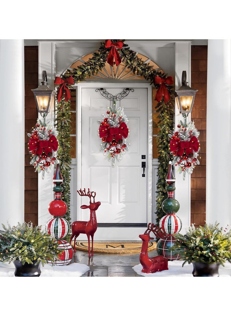 AUTOYSUR تاج عيد الميلاد الاصطناعي، إكليل عيد الميلاد 24" مع ضوء LED، قلادة باب عيد الميلاد مضاءة مسبقًا لدرابزين السلم والجدار والنافذة لتزيين عيد الميلاد (أحمر) - Image 4
