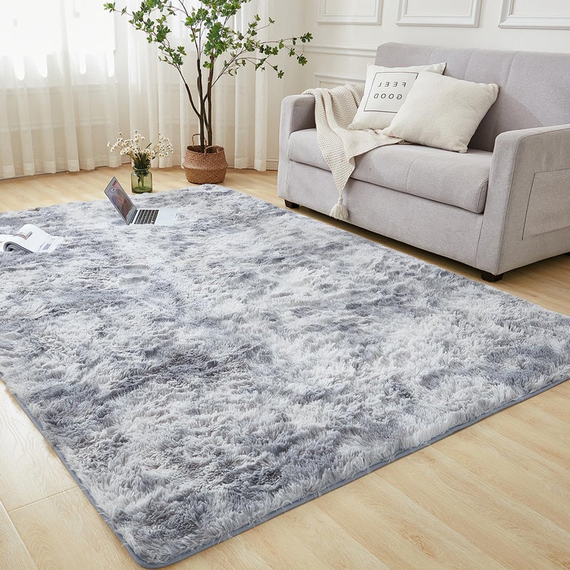 Andency 4x6 Shag Area Rug for Living Room  Tie-Dyed Light Grey Soft Fuzzy Plush Indoor Carpets for Bedroom  Non Skid Fluffy Faux Fur Rug for Room - Image 1