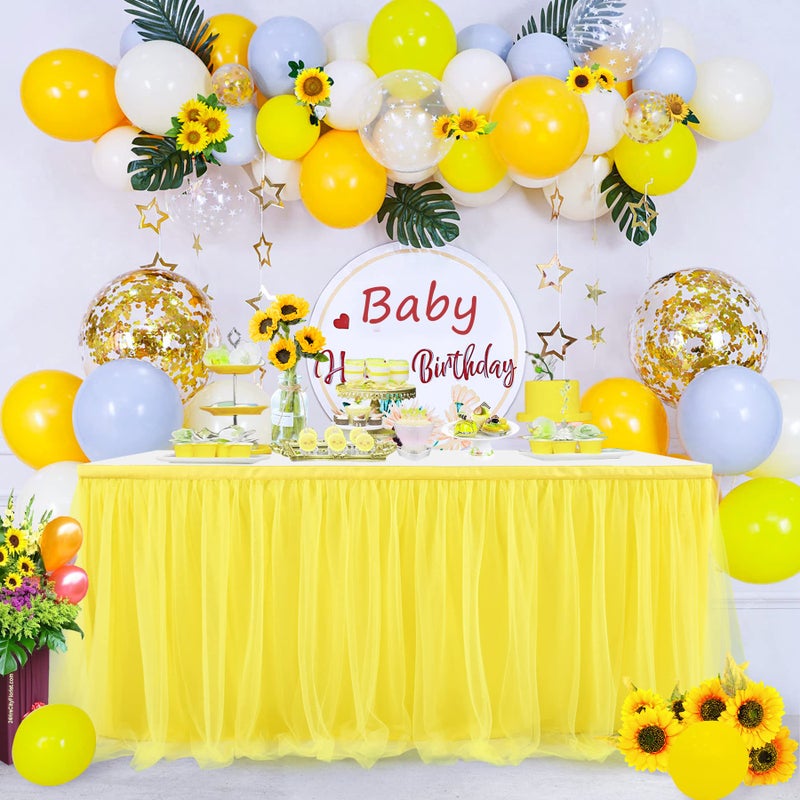 Suppromo Yellow Table Skirts for Rectangle Tables or Round Tables 6ft Ruffle Tulle Tutu Tablecloth for Sunflower Birthday Party Girls Lemonade Baby Shower Wedding Cake Dessert Table Decorations - Image 1