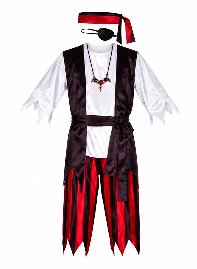 Toy Land Kids Pirate Costume Set – Pirate Fancy Dress Outfit with Eye Patch, Headband and Striped Pants for Boys of age 4 to 5 years - Image 1