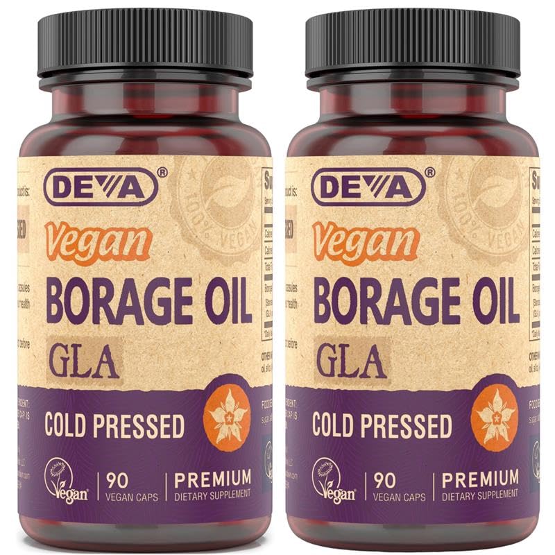 DEVA Vegan Vitamins Borage Oil 500mg Rich Source of Omega6 Fatty Acid GLA Gamma linolenic Acid ColdPressed  Unrefined 90 Tablets 1Pack