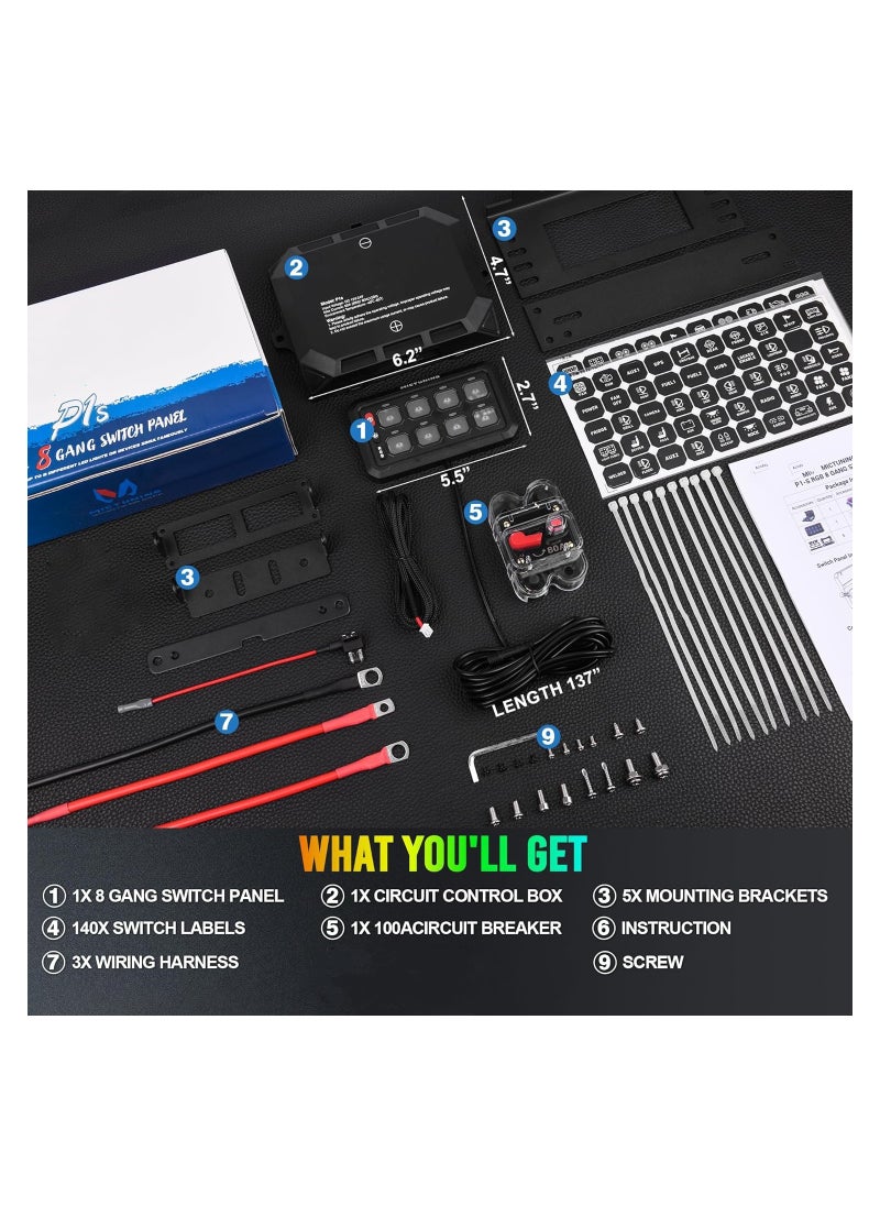 SYOSI - 8 Gang High Power Switch Panel for Truck SUV Offroad Marine, Multifunction Toggle Switch Control System 5-Level Brightness Switch Panel Vehicle Relay System Momentary Circuit Control Relay System Box - Image 1