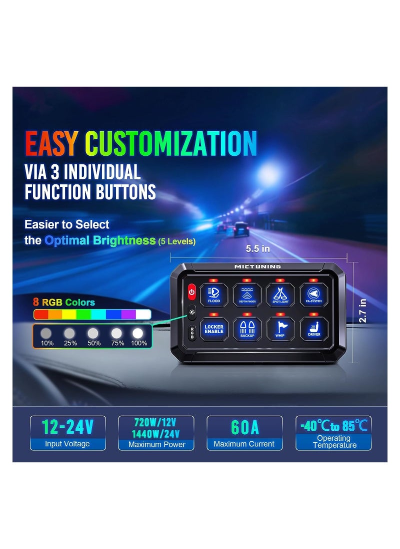 SYOSI 8 Gang High Power Switch Panel for Truck SUV Offroad Marine, Multifunction Toggle Switch Control System 5-Level Brightness Switch Panel Vehicle Relay System Momentary Circuit Control Relay System Box  - Image 2