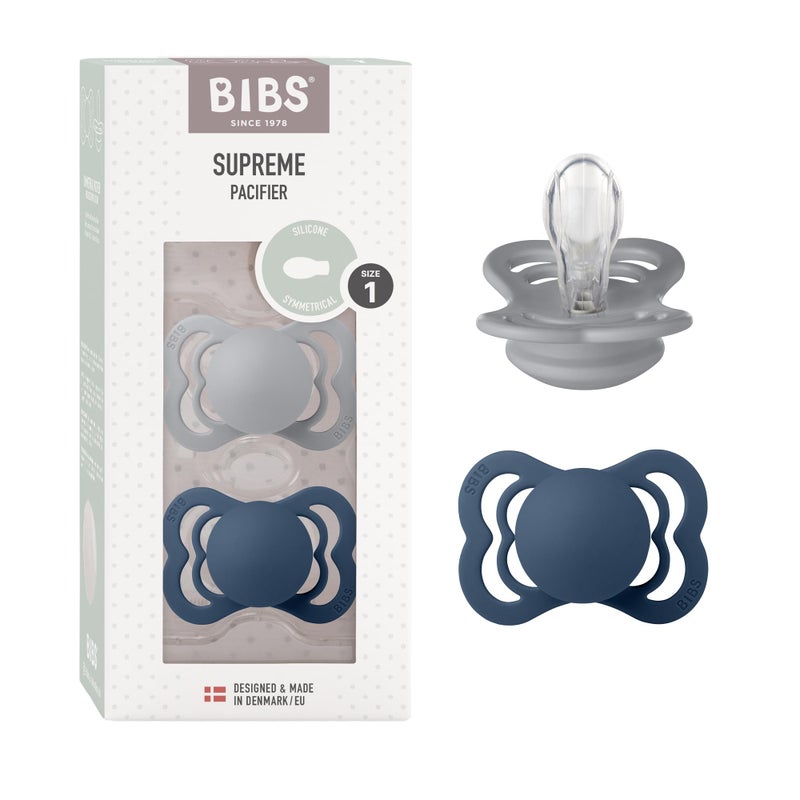 BIBS Pacifiers Supreme Collection Symmetrical Nipple Silicone Made in Denmark Set of 2 IvorySage Color Premium Soothers Size 618 Months