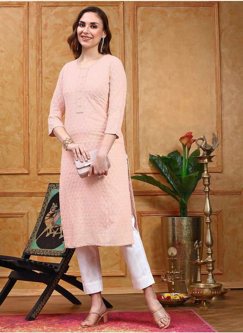 آي شين Regular Fit Three-Quarter Sleeve Printed Peach Viscose Woven Kurta Set For Women Flat Collar Perfect For Wedding And Engagement Pull On Closure