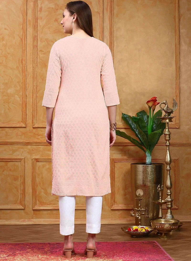آي شين Women's Peach Viscose Blend Printed Tunic Regular Fit Kurta