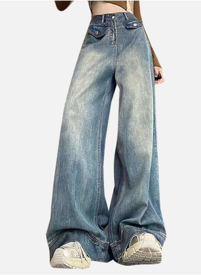 يونيكي Blue Cotton Wide Leg High-Rise Jeans