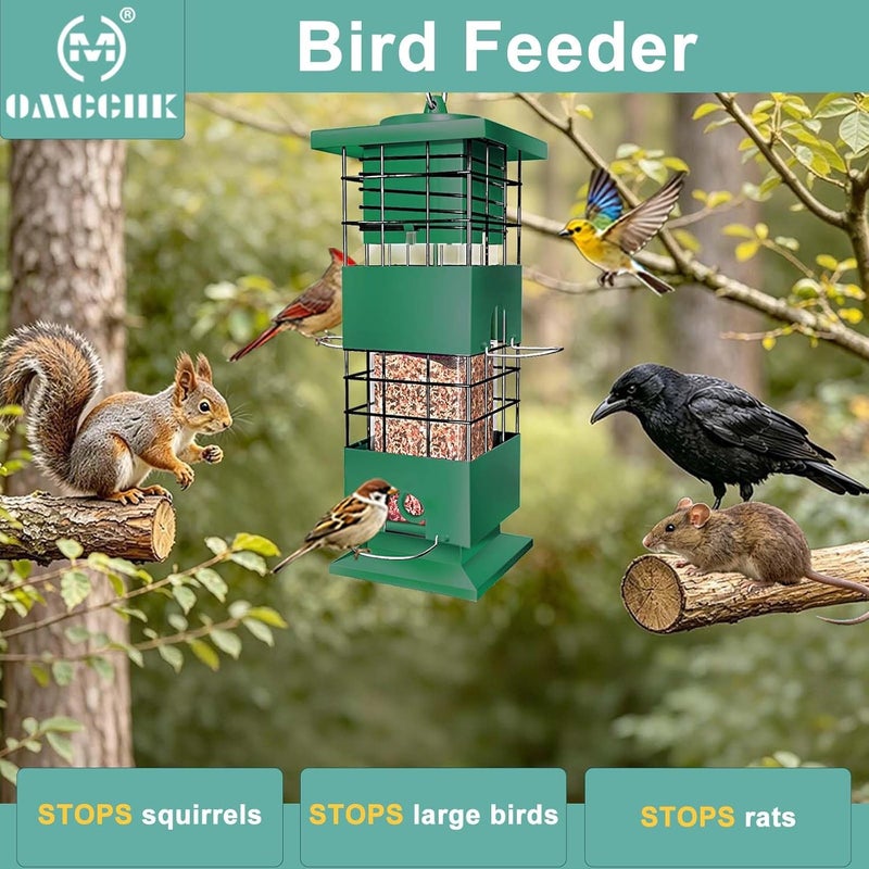 OMCCHK Squirrel Proof Bird Feeder,3.5Lbs Metal Wild Bird Feeders Anti-Squirrel with 4 Feeding Ports for Garden Bird Feeding Station Outdoors Hanging, Pigeon Resistant, Easy to Clean & Refill (Green) - Image 2