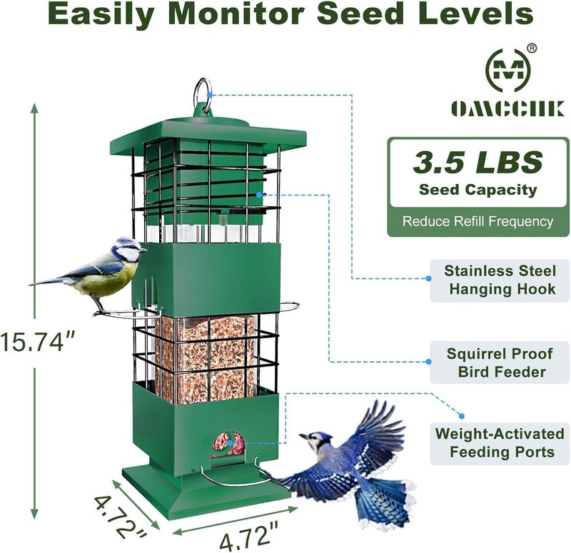 OMCCHK Squirrel Proof Bird Feeder,3.5Lbs Metal Wild Bird Feeders Anti-Squirrel with 4 Feeding Ports for Garden Bird Feeding Station Outdoors Hanging, Pigeon Resistant, Easy to Clean & Refill (Green) - Image 5