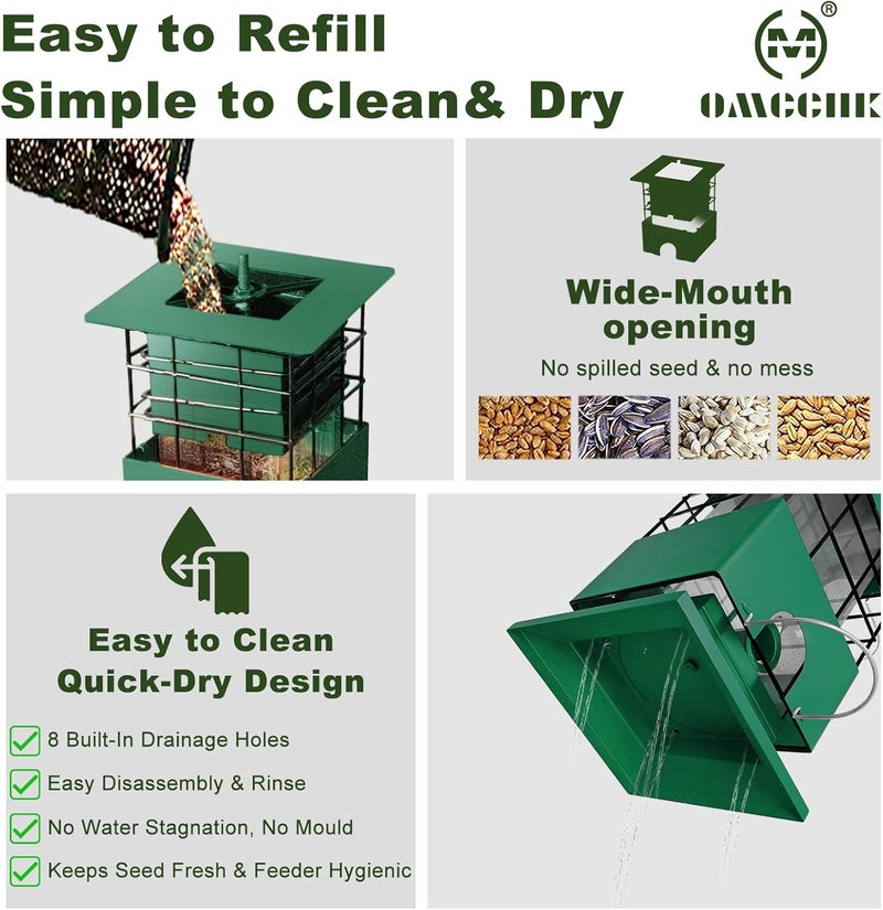 OMCCHK Squirrel Proof Bird Feeder,3.5Lbs Metal Wild Bird Feeders Anti-Squirrel with 4 Feeding Ports for Garden Bird Feeding Station Outdoors Hanging, Pigeon Resistant, Easy to Clean & Refill (Green) - Image 3