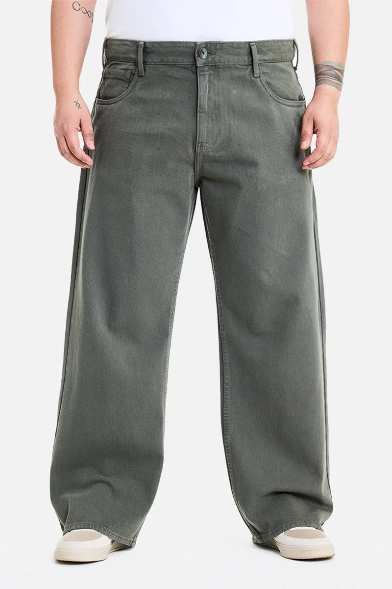 SNITCH Olive Olive Solid Relaxed Casual Plus Size Jeans for Men | Best Price UAE