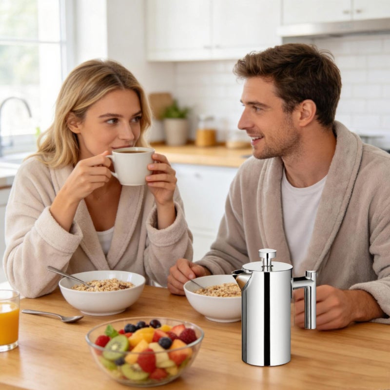 Miuly 21 oz Stainless Steel French Press 600ML Coffee Press with 3 Level Filtration System, Double Wall Insulated French Press with 2 Filters for Home or Office, Silver - Image 2