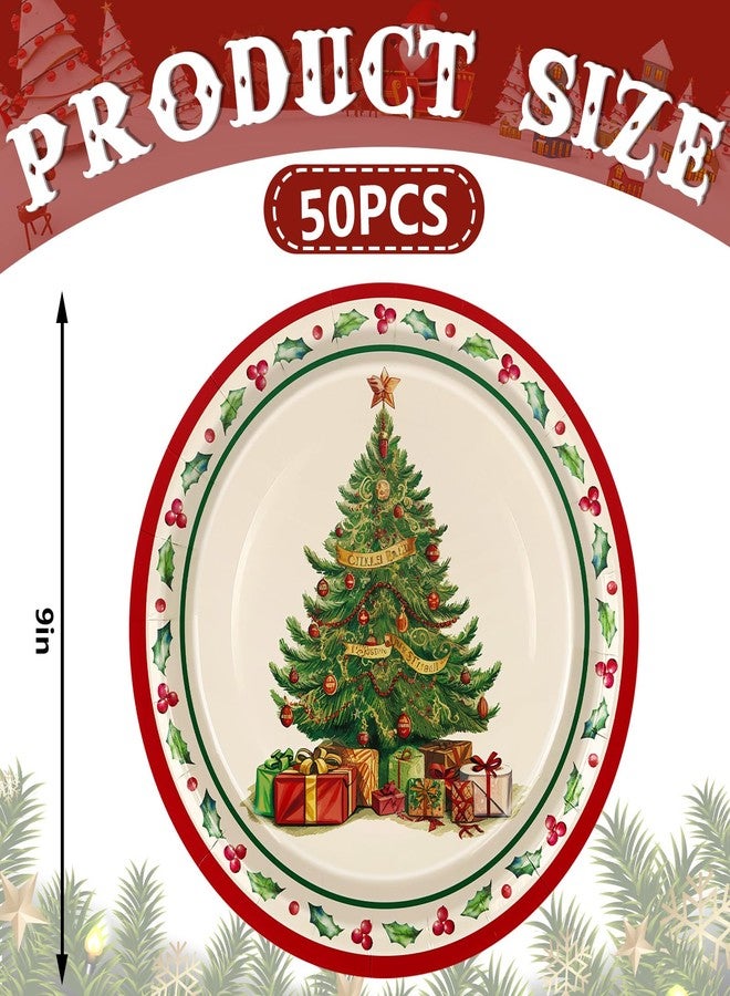 JarThenaAMCS جرثينا AMCS 50 قطعة أطباق ورقية عيد الميلاد 9 بوصة أطباق شجرة عيد الميلاد العتيقة أطباق قابلة للتخلص لعيد الميلاد لوازم حفلات الشتاء - Image 2