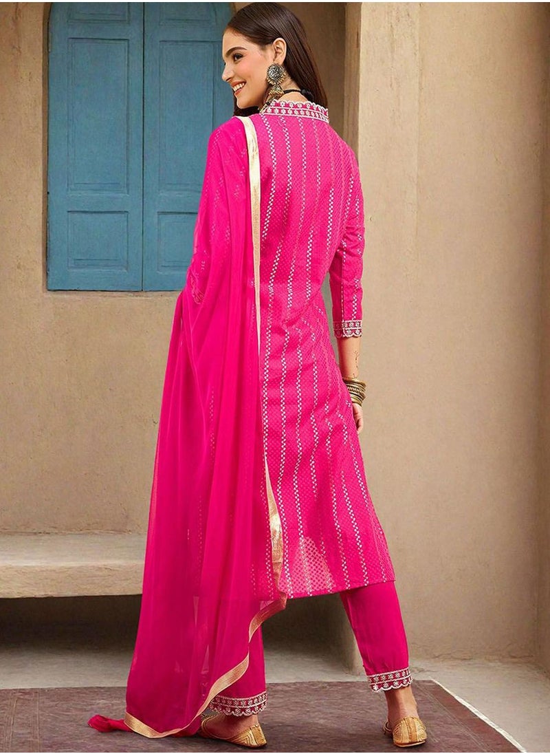 ISHIN Women's Pink 100% Cotton Printed Tunic Full Length Casual Straight Fit Kurta Set  - Image 5