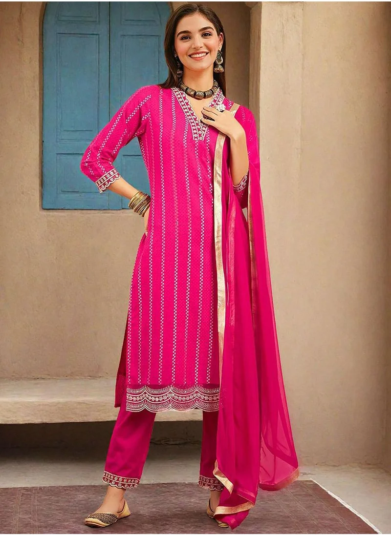 ISHIN Women's Pink 100% Cotton Printed Tunic Full Length Casual Straight Fit Kurta Set