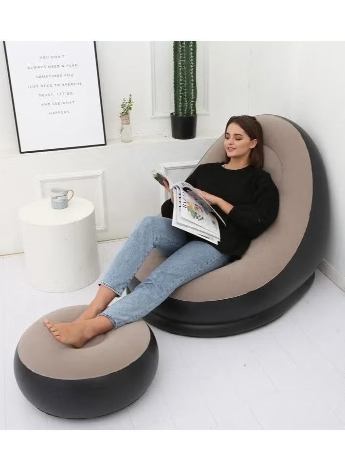 INTEX 2 In1 Grey and Black Lounge Inflatable Sofa Set, Folding Portable Inflatable Lazy Flocking Recliner Chair with Footstool and Air Pump Great for Pop Up Indoor and Outdoor Balcony, Backyard, Camping - Image 1
