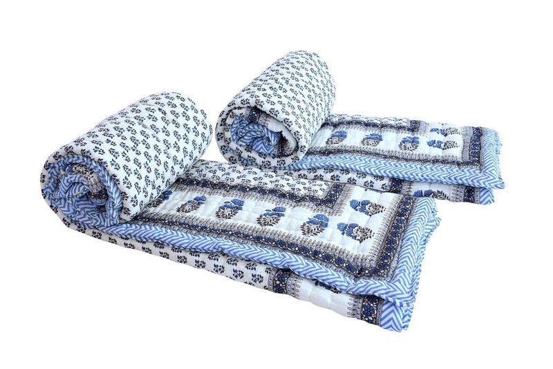 HOPEE Shop 210 TC Light Weight Single Bed Soft Jaipuri AC QuiltRazaiRajai Rajasthani Blue Floral booti Print Cotton Quilts Blankets Size 55X85 inch Set of 2 razai  - Image 1