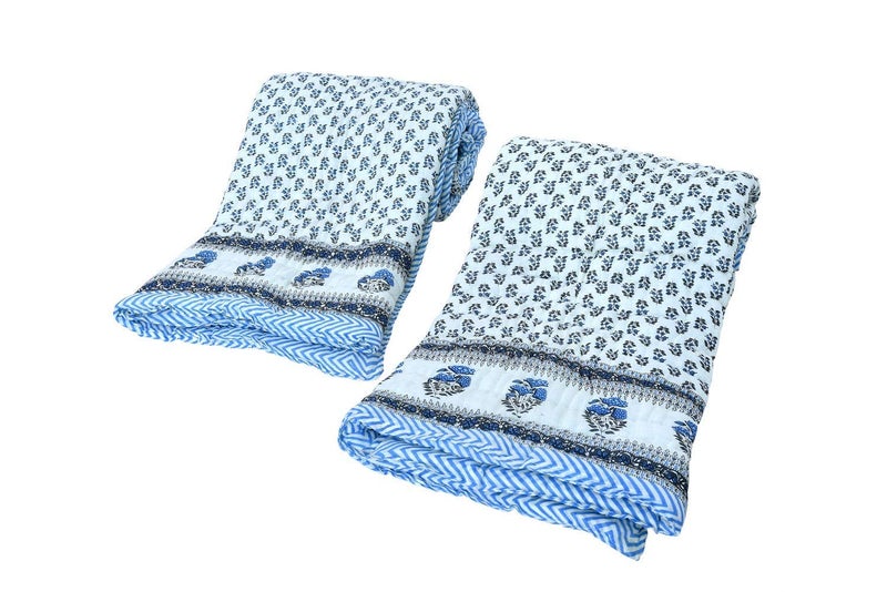 HOPEE Shop 210 TC Light Weight Single Bed Soft Jaipuri AC QuiltRazaiRajai Rajasthani Blue Floral booti Print Cotton Quilts Blankets Size 55X85 inch Set of 2 razai  - Image 3