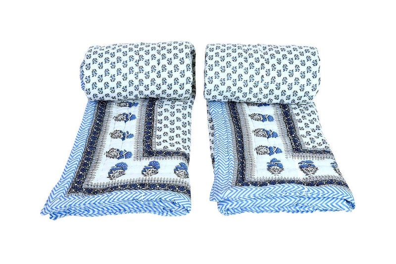 HOPEE Shop 210 TC Light Weight Single Bed Soft Jaipuri AC QuiltRazaiRajai Rajasthani Blue Floral booti Print Cotton Quilts Blankets Size 55X85 inch Set of 2 razai  - Image 4