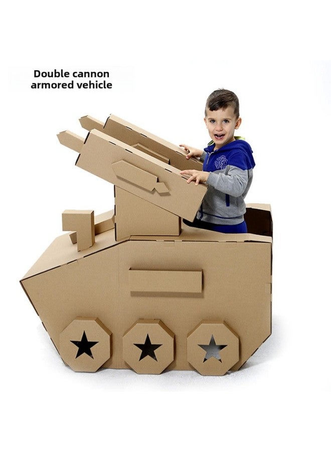 6-year-old Children's Cardboard Corrugated Box Assembled Tank Toys For Primary School Students Large Model Handmade Material Diy-Color:Large Double Cannon Armored Vehicle Assembled  - Image 3