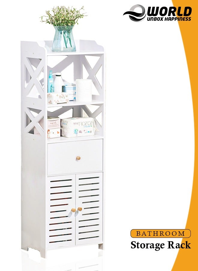 إي وورلد منظم خزانة أرضية من PVC أبيض مقاوم للماء، حل تخزين أنيق مزود برفوف، درج، حامل مناديل، وباب للاستخدام في الحمام، المطبخ، غرفة المعيشة أو غرفة النوم. - Image 1