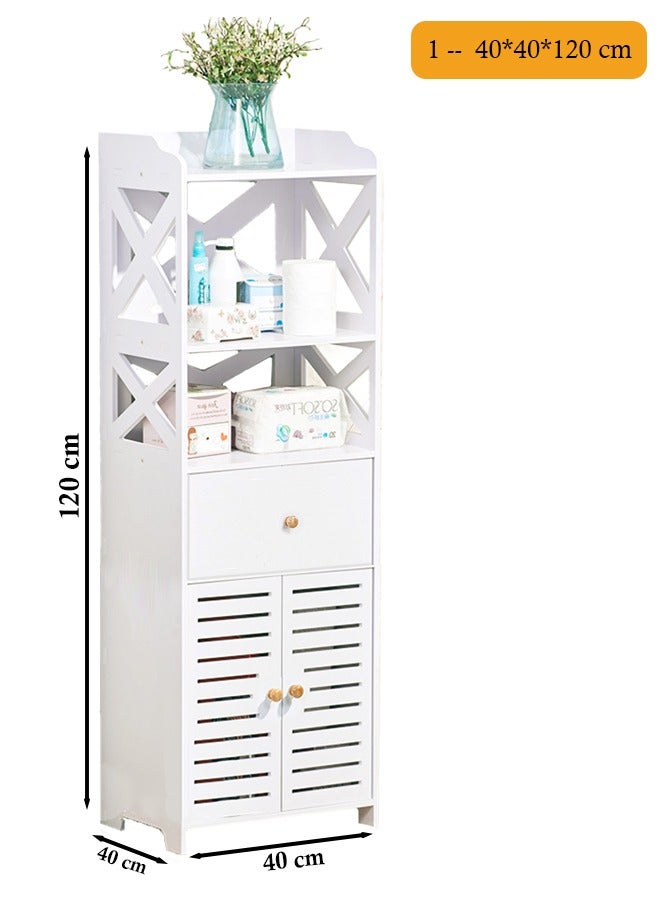 إي وورلد منظم خزانة أرضية من PVC أبيض مقاوم للماء، حل تخزين أنيق مزود برفوف، درج، حامل مناديل، وباب للاستخدام في الحمام، المطبخ، غرفة المعيشة أو غرفة النوم. - Image 2