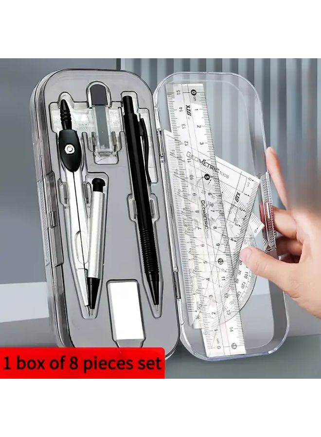 Black 8 Piece Geometric Compass Set With Ruler Protractor Triangle Eraser - Image 1