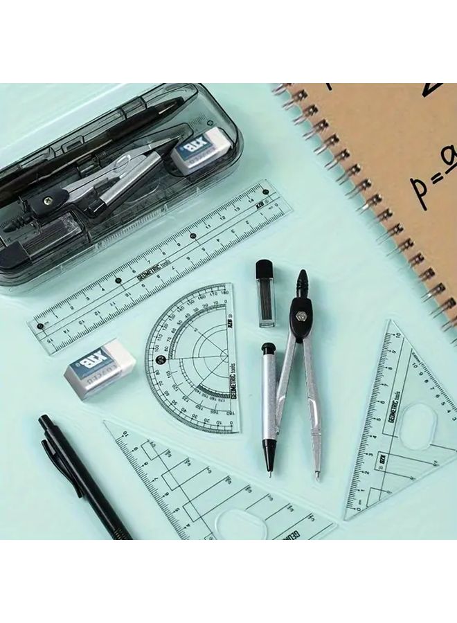 Black 8 Piece Geometric Compass Set With Ruler Protractor Triangle Eraser - Image 4