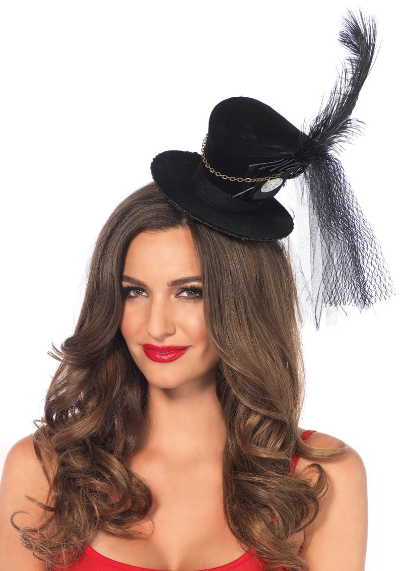 Leg Avenue Women's Steampunk Velvet top hat with Chain and Feather Accent, Black, One Size - Image 2