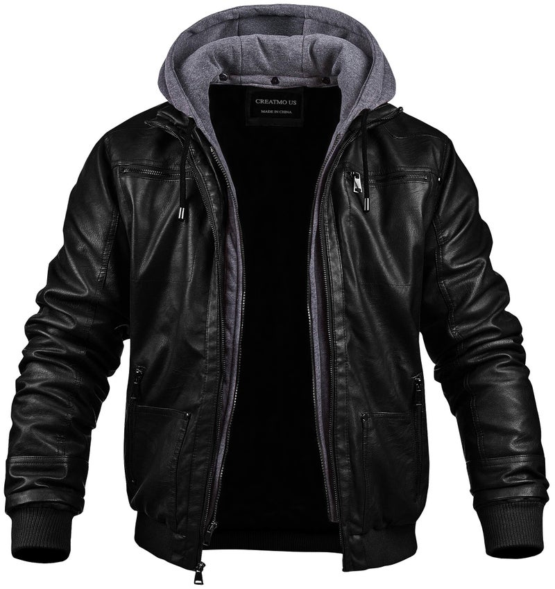 CREATMO US Men's Leather Style Jacket Bomber Motorcycle Jacket Classic Biker Jacket Black L - Image 2