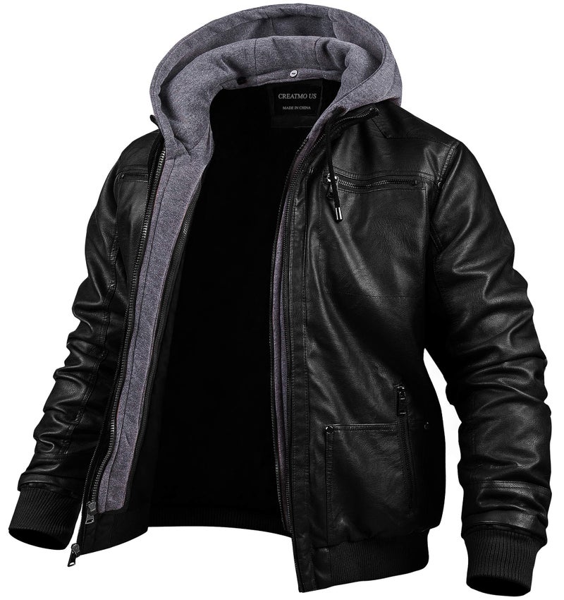 CREATMO US Men's Leather Style Jacket Bomber Motorcycle Jacket Classic Biker Jacket Black L - Image 1