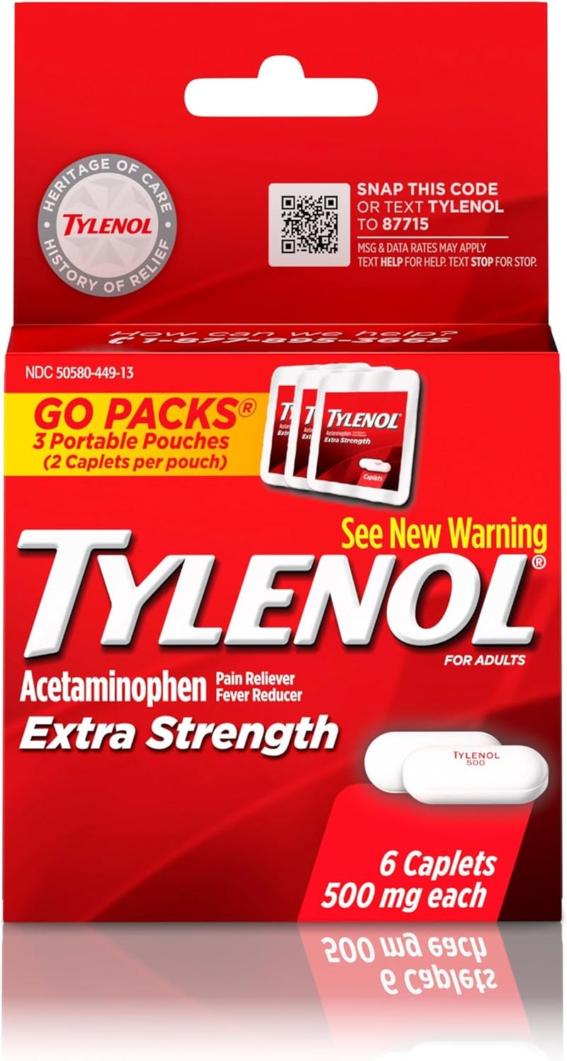 Tylenol Extra Strength 500 mg Acetaminophen Caplets, Pain Reliever & Fever Reducer, Acetaminophen for Minor Arthritis Pain, Headache, Backache & Menstrual Pain Relief, Travel Size, 6 Ct