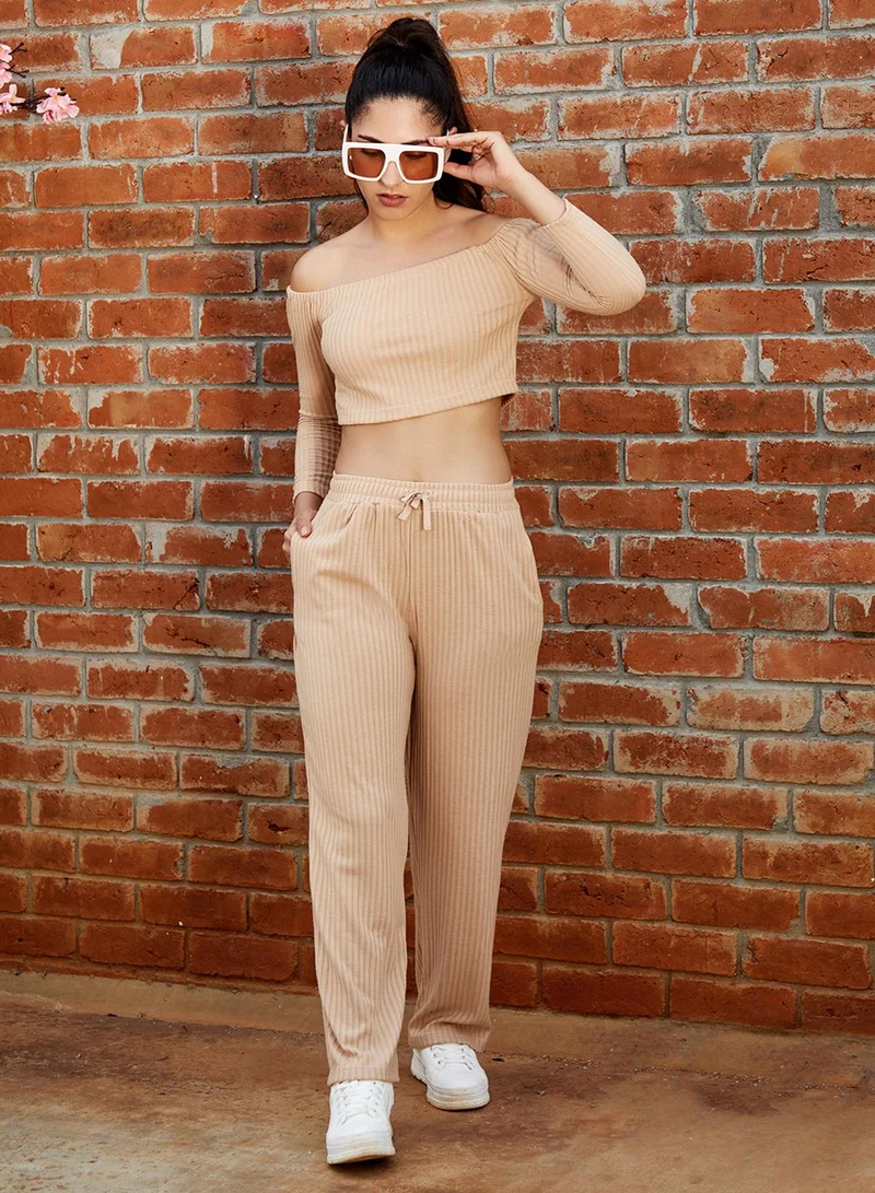 PINACOLADA Women's Beige Ribbed Co-Ord Set For Casual Wear | Off-Shoulder | Long Sleeve | Pull On Closure | Co-Ords Designed With Comfort Fit For Woman & Girls