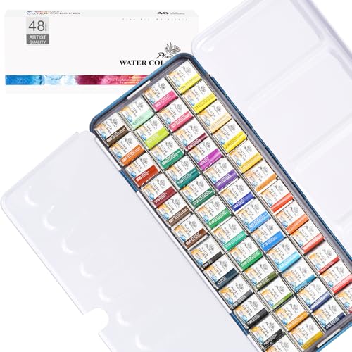 PHOENIX Artist Grade Watercolor Paint Set - Half Pan 48 Colors Quality Pigment Watercolor Palette with Portable Tin Box for Adults, Professional Artists - Image 1