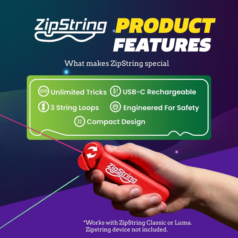 ZipString Psycho Strings, Pack of 3 - Luma Replacement Strings for Rope Launcher Toy - Glow in The Dark Fidget String for Kids & Adults - Shark Tank Featured Lasso Rope Loop String Replacement - Image 5