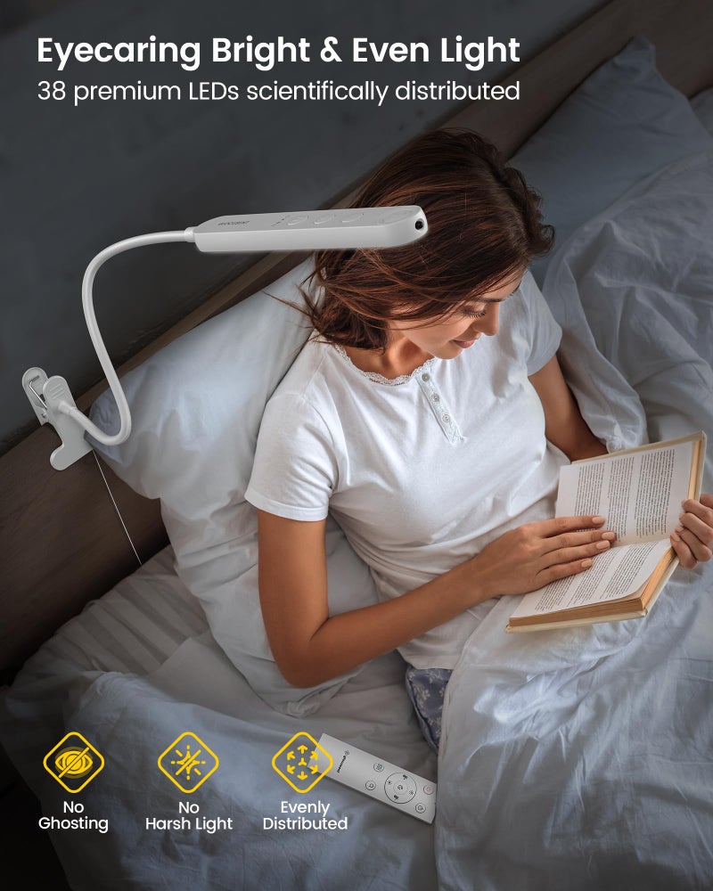 Glocusent 38 LED Clip On Light: 5W Eye Caring Book Lights for Reading at Night - 5 Color & 5 Brightness with a Remote, 30-Min Auto Off Timer, Multi-Purpose Clip Lamp for Bed Reading/Studying/Working - Image 2
