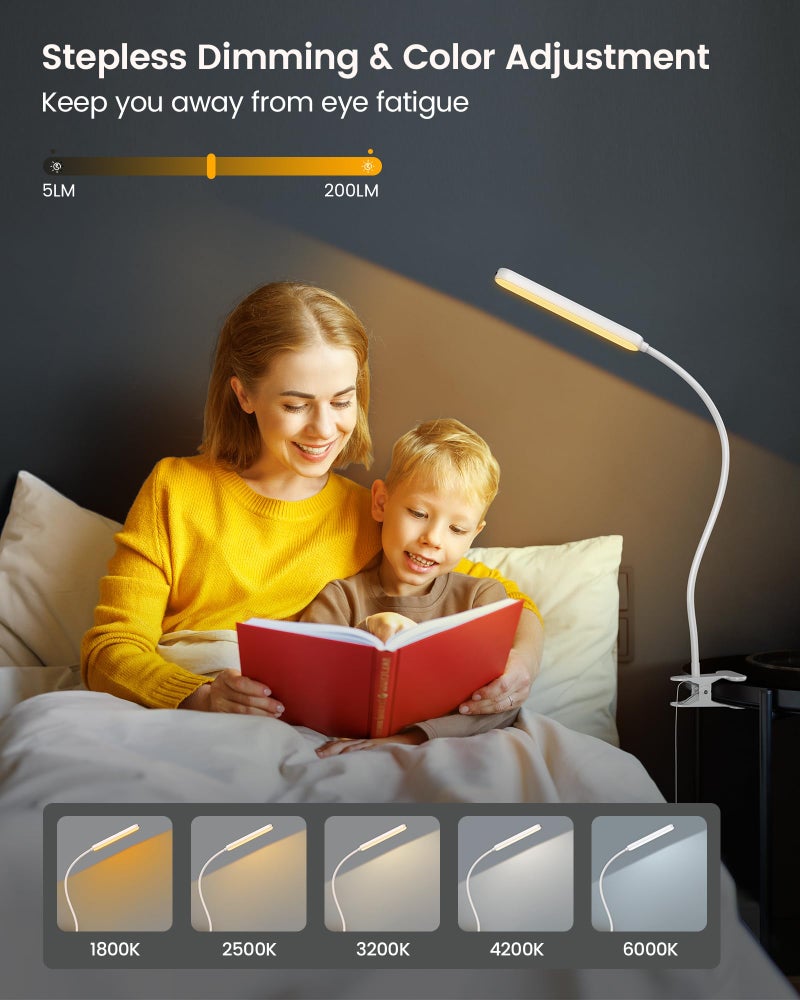 Glocusent 38 LED Clip On Light: 5W Eye Caring Book Lights for Reading at Night - 5 Color & 5 Brightness with a Remote, 30-Min Auto Off Timer, Multi-Purpose Clip Lamp for Bed Reading/Studying/Working - Image 4