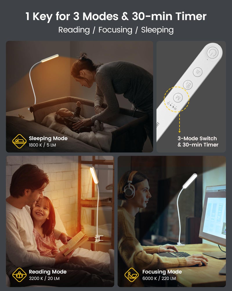 Glocusent 38 LED Clip On Light: 5W Eye Caring Book Lights for Reading at Night - 5 Color & 5 Brightness with a Remote, 30-Min Auto Off Timer, Multi-Purpose Clip Lamp for Bed Reading/Studying/Working - Image 3