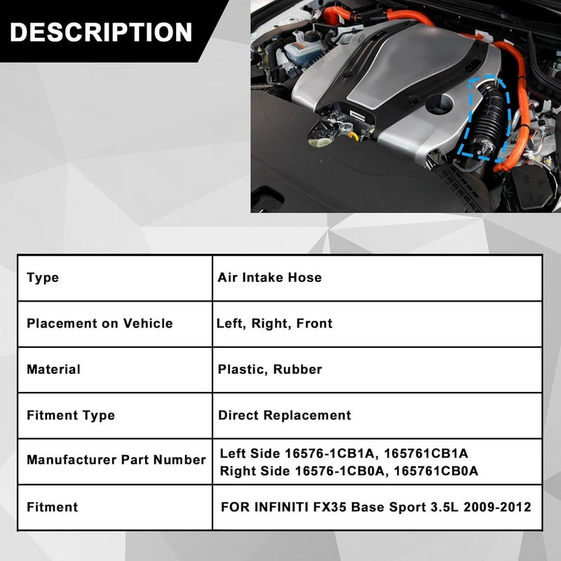 Sekeseauto سيكيس أوتو 1 زوج من أنابيب سحب الهواء لجانب السائق والراكب لسيارة إنفينيتي FX35 2009-2012 - Image 2