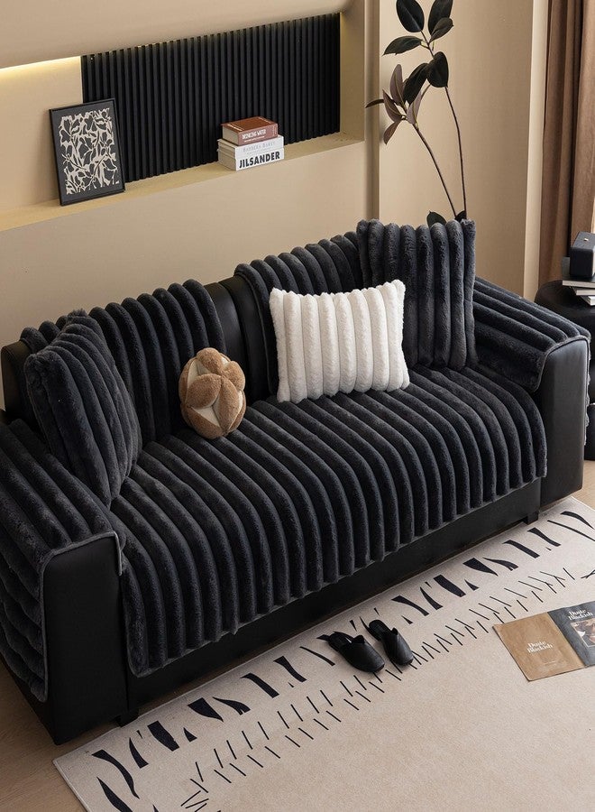 XSlive Faux Rabbit Fur Couch Sofa Cover Washable, Shaggy Fuzzy Sectional Couch Cover, Stripe Non-Slip Soft Plush Sofa Slipcover Furniture Protector for Dogs, Pets (Dark Grey,28"x28") - Image 5