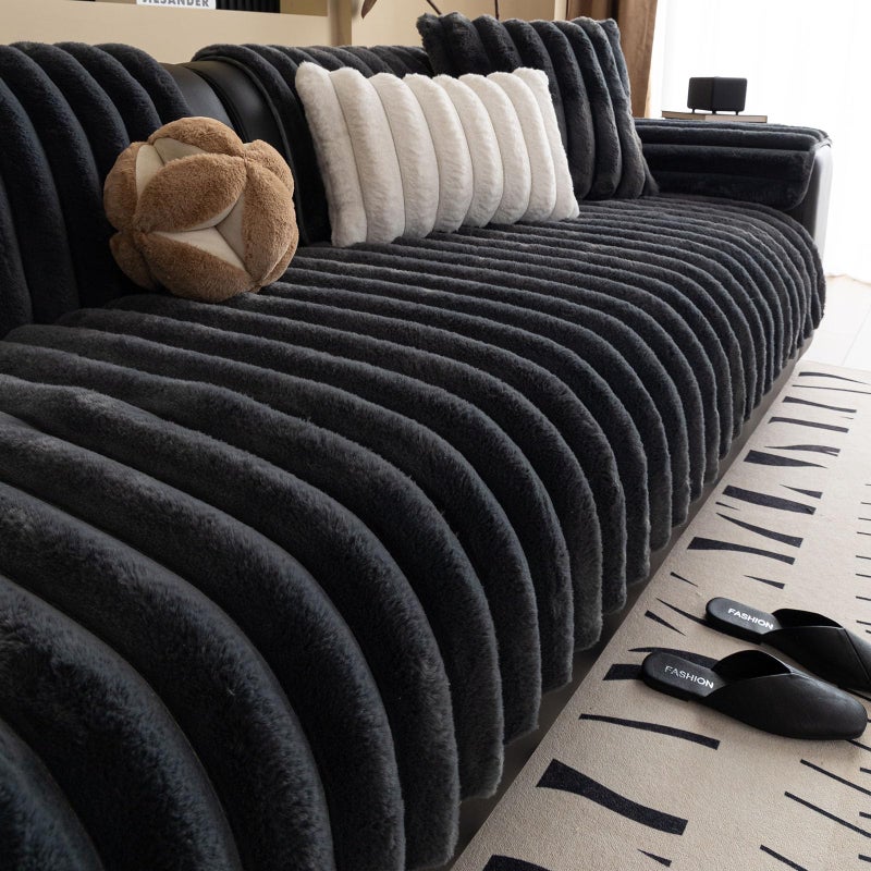 XSlive Faux Rabbit Fur Couch Sofa Cover Washable, Shaggy Fuzzy Sectional Couch Cover, Stripe Non-Slip Soft Plush Sofa Slipcover Furniture Protector for Dogs, Pets (Dark Grey,28"x28") - Image 1