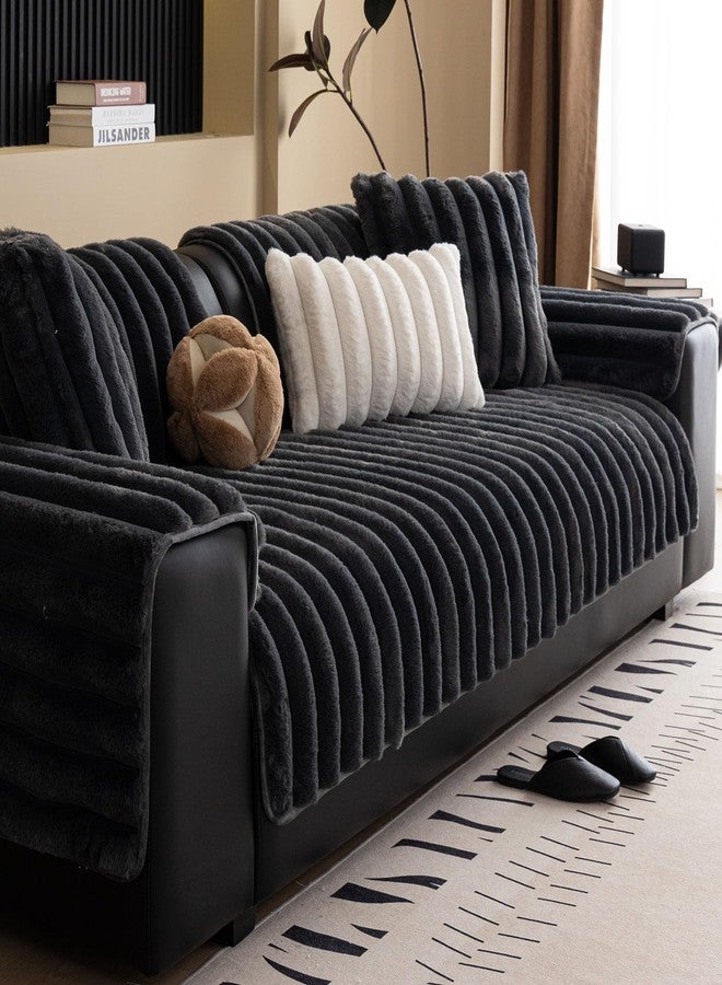 XSlive Faux Rabbit Fur Couch Sofa Cover Washable, Shaggy Fuzzy Sectional Couch Cover, Stripe Non-Slip Soft Plush Sofa Slipcover Furniture Protector for Dogs, Pets (Dark Grey,28"x28") - Image 3