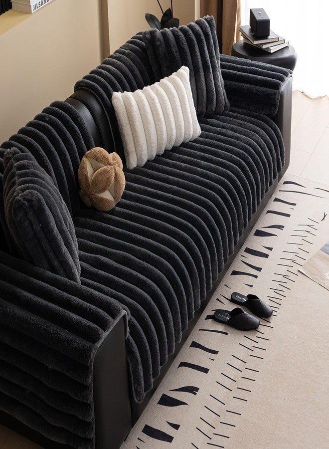 XSlive Faux Rabbit Fur Couch Sofa Cover Washable, Shaggy Fuzzy Sectional Couch Cover, Stripe Non-Slip Soft Plush Sofa Slipcover Furniture Protector for Dogs, Pets (Dark Grey,28"x28") - Image 4