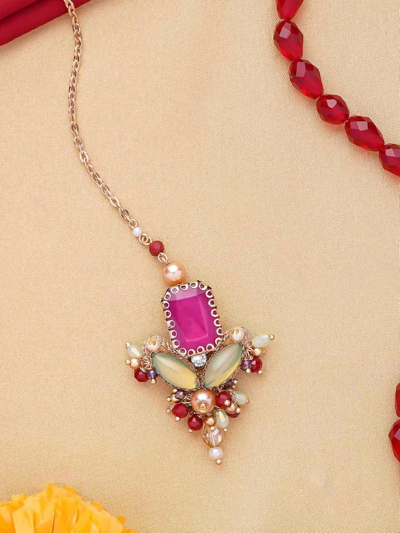 SANJOYA by EVERSTYLISH Embroidered Statement Maangtika for Women | Elegant Traditional Jewelry | Gold-Plated with Pink, Green & Pearl Embellishments | Ethnic Wear Jewelry for Womens - Image 5