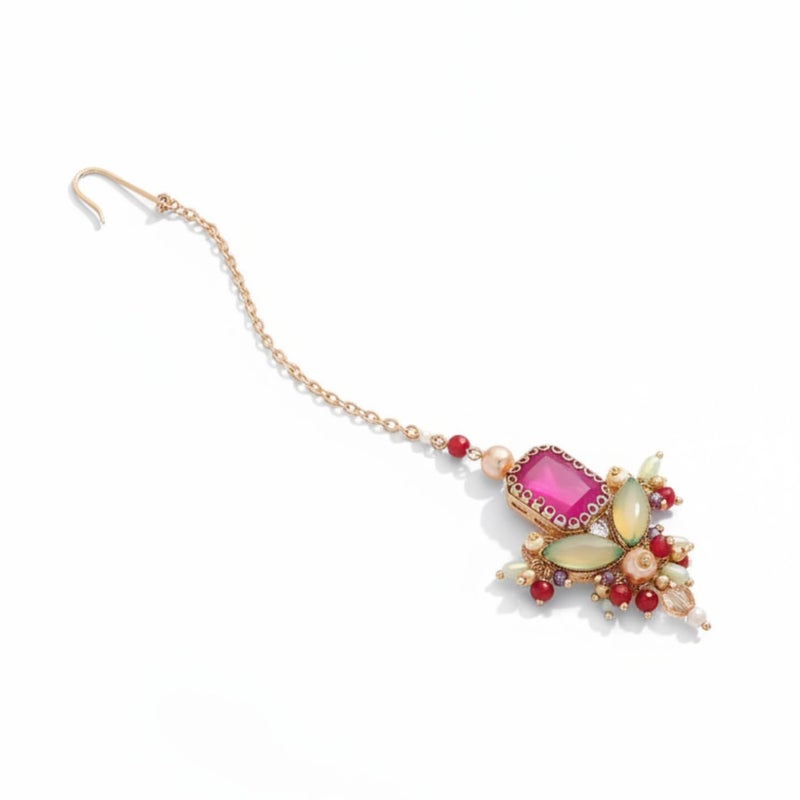 SANJOYA by EVERSTYLISH Embroidered Statement Maangtika for Women | Elegant Traditional Jewelry | Gold-Plated with Pink, Green & Pearl Embellishments | Ethnic Wear Jewelry for Womens - Image 1